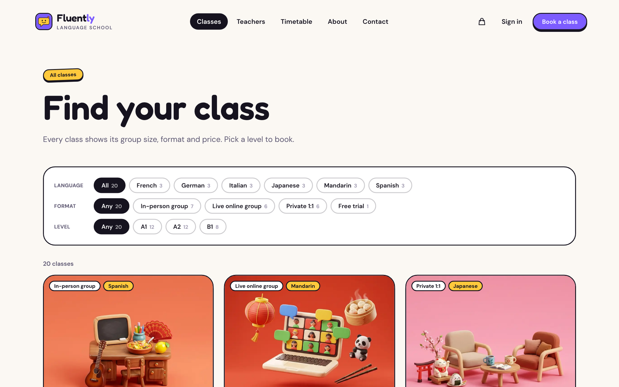 The Fluently class catalog with filters for language, format and level, and cards for an in-person Spanish group, an online Mandarin group and a private Japanese lesson