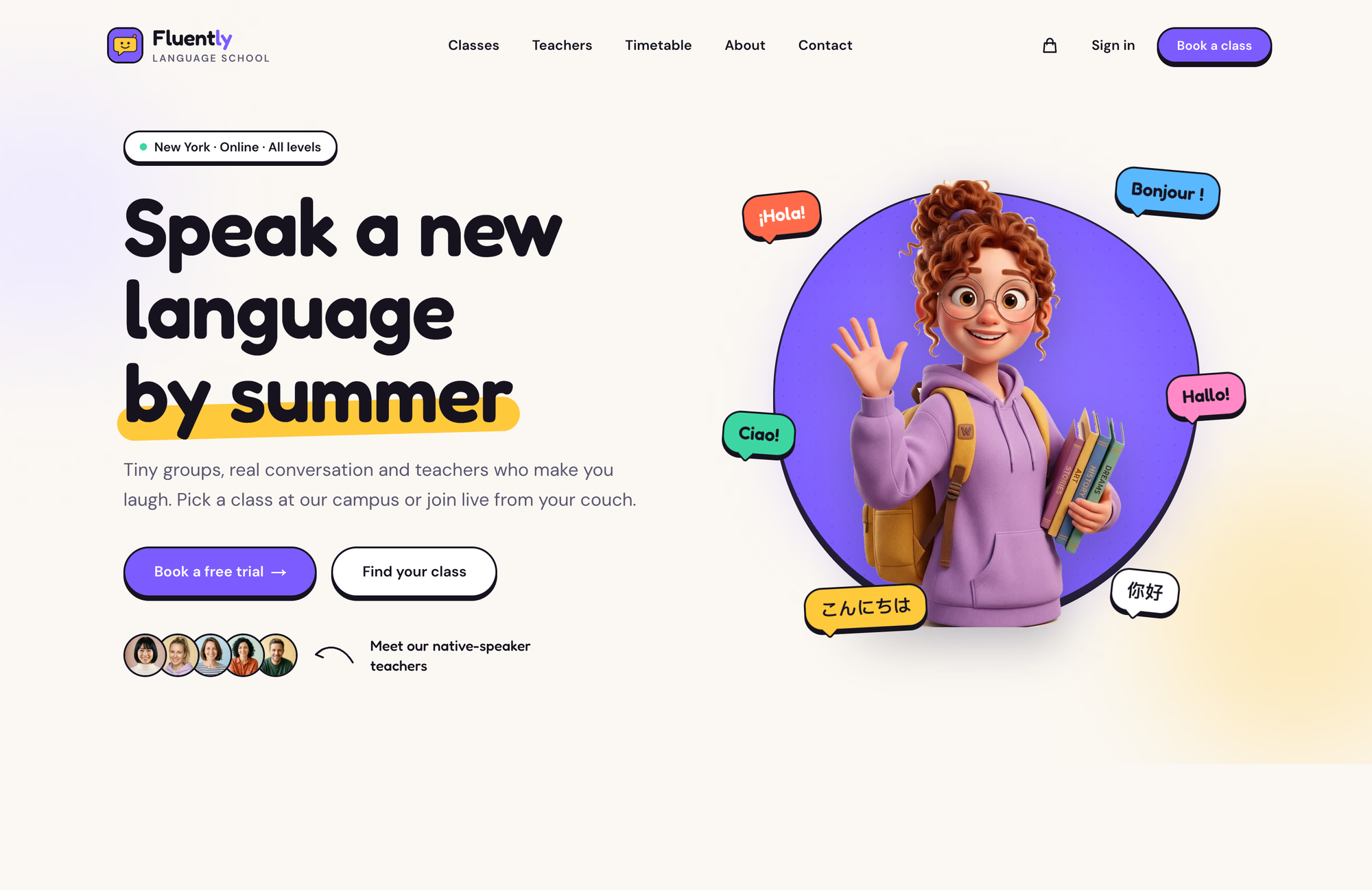 Fluently homepage hero: "Speak a new language by summer" beside a 3D mascot surrounded by greeting bubbles in six languages
