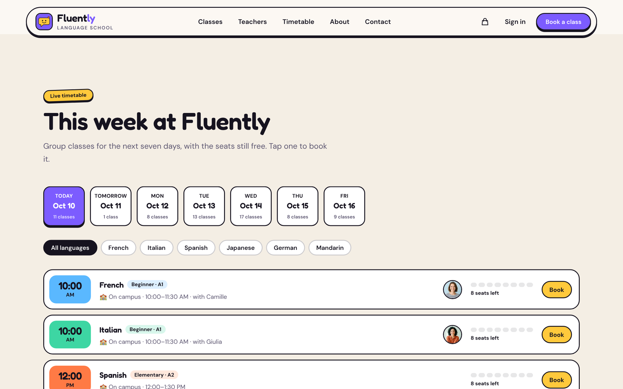 The "This week at Fluently" timetable: a strip of seven days with class counts, language filters, and French and Italian A1 classes at 10:00 AM each showing 8 seats left