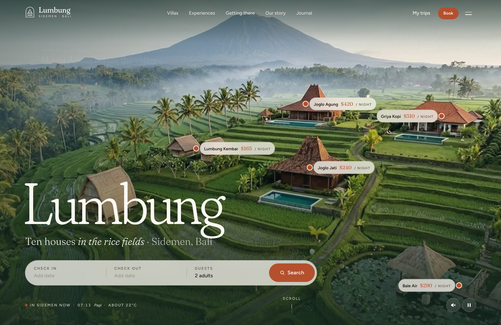 The Lumbung Sidemen homepage: a drone shot over the Sidemen rice terraces with Mount Agung behind, price pins on four villas from $165 to $420 a night, and a check-in, check-out and guests search bar