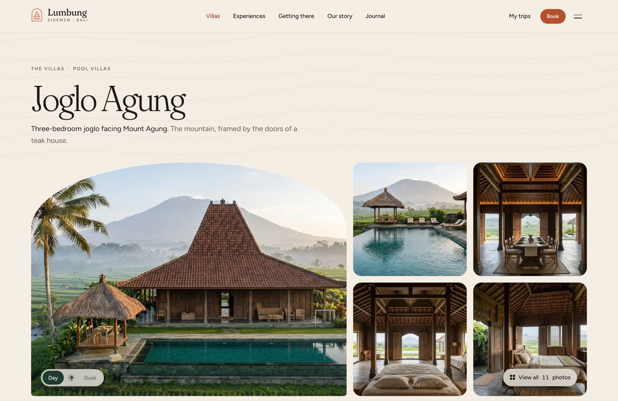 The Joglo Agung villa page: an arched hero photo of a teak joglo and pool facing Mount Agung with a Day and Dusk toggle, next to a gallery of the pool, dining pavilion and bedrooms