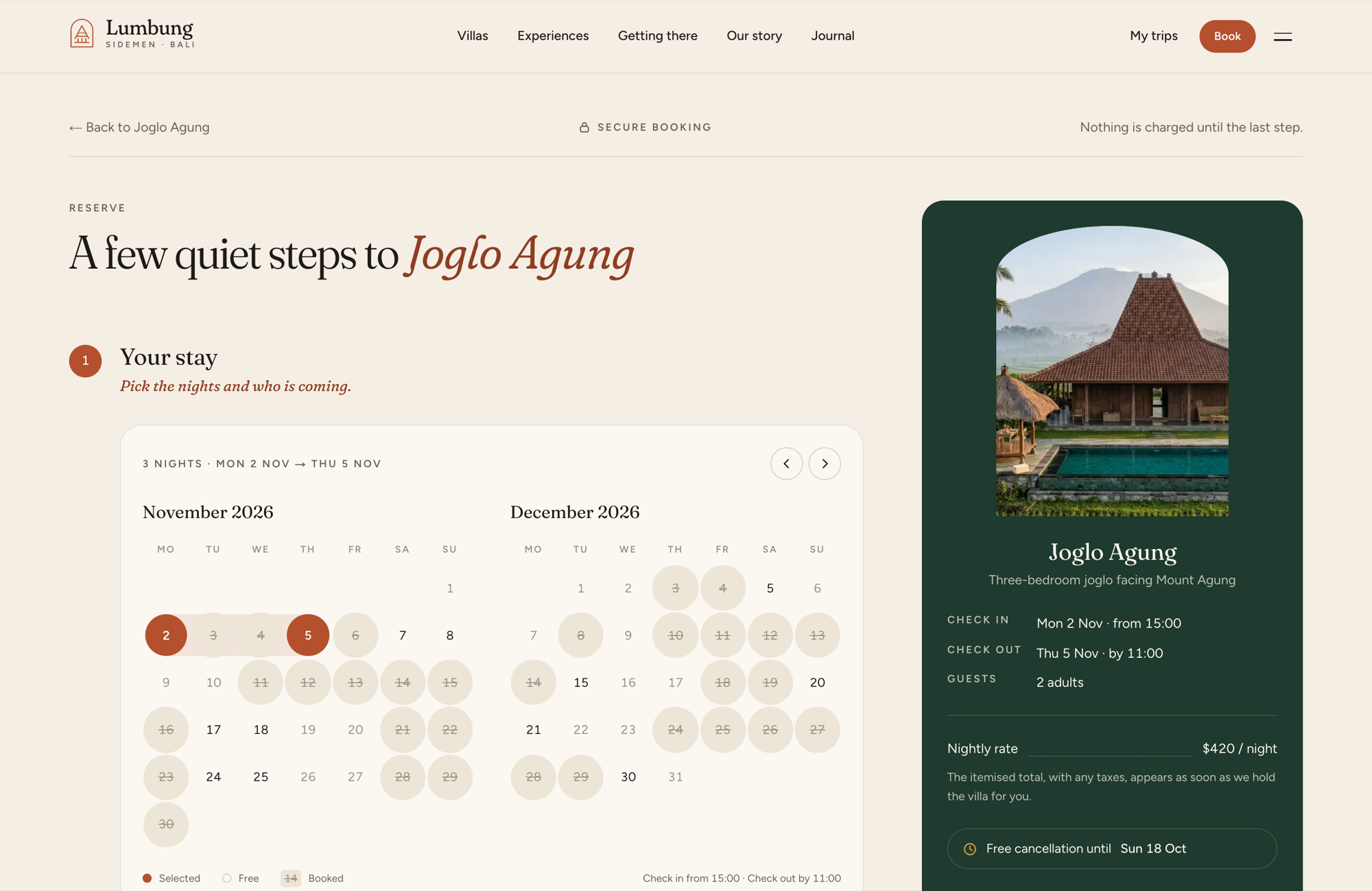 The reserve page for Joglo Agung: a two-month stay calendar with 2 to 5 November selected and booked nights struck through, and a green summary panel with check-in Mon 2 Nov from 15:00, check-out Thu 5 Nov by 11:00, $420 a night and free cancellation until Sun 18 Oct