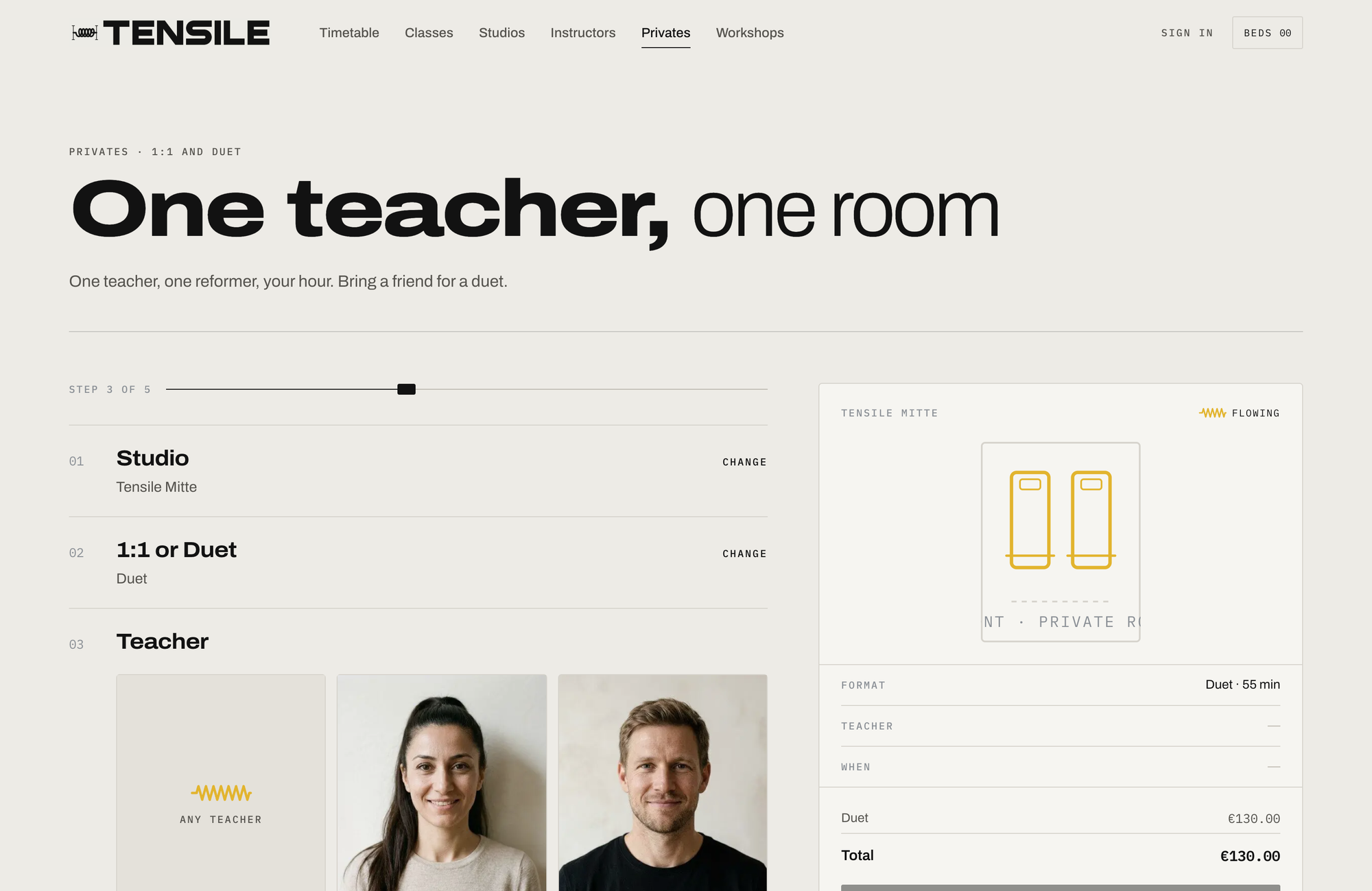 The privates wizard at step 3 of 5: Tensile Mitte and Duet chosen, a row of teacher portraits with an Any teacher card, and a booking card showing the private room drawn with two beds and a €130 duet total
